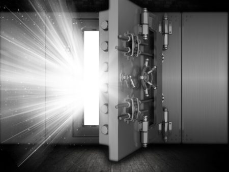 Illustration of a bank vault in a grunge interior with light beams coming out of open door